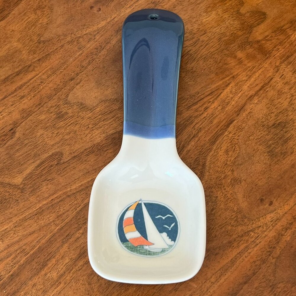 Otagiri Vintage Sailboat Spoon Rest Blue Handle Japan Ceramic Ocean Beach 9"